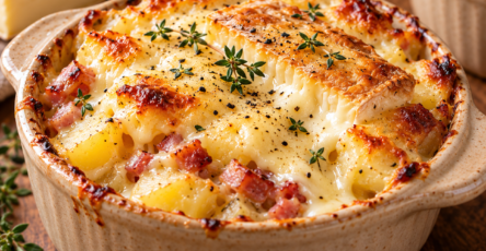 Ramequins de pommes de terre façon tartiflette individuelle, garnis de lardons, oignon, crème et reblochon bien fondu et doré.