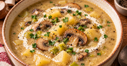 Bol de soupe crémeuse aux champignons et poireaux, lisse et onctueuse, servie bien chaude avec quelques herbes fraîches.