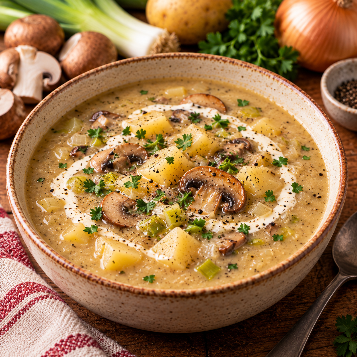 Bol de soupe crémeuse aux champignons et poireaux, lisse et onctueuse, servie bien chaude avec quelques herbes fraîches.