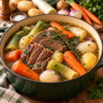 Pot-au-feu de grand-mère avec morceaux de bœuf tendre, carottes, poireaux, navets et pommes de terre servis dans un bouillon chaud.