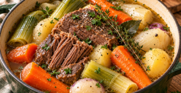 Pot-au-feu de grand-mère avec morceaux de bœuf tendre, carottes, poireaux, navets et pommes de terre servis dans un bouillon chaud.