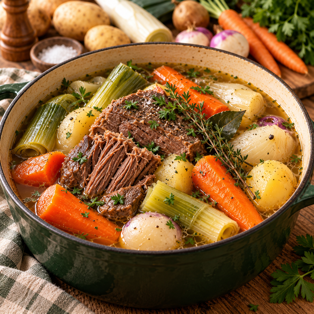 Pot-au-feu de grand-mère avec morceaux de bœuf tendre, carottes, poireaux, navets et pommes de terre servis dans un bouillon chaud.
