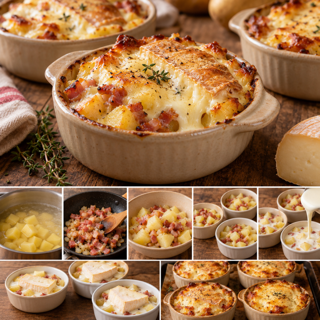 Ramequins de pommes de terre façon tartiflette individuelle, garnis de lardons, oignon, crème et reblochon bien fondu et doré.