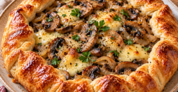 Tarte rustique maison aux champignons dorés, oignons fondants et fromage à raclette fondu, sur une pâte feuilletée croustillante aux bords repliés et dorés, parsemée de persil frais.