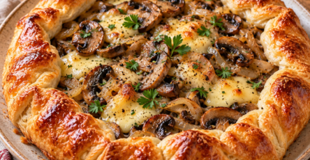 Tarte rustique maison aux champignons dorés, oignons fondants et fromage à raclette fondu, sur une pâte feuilletée croustillante aux bords repliés et dorés, parsemée de persil frais.