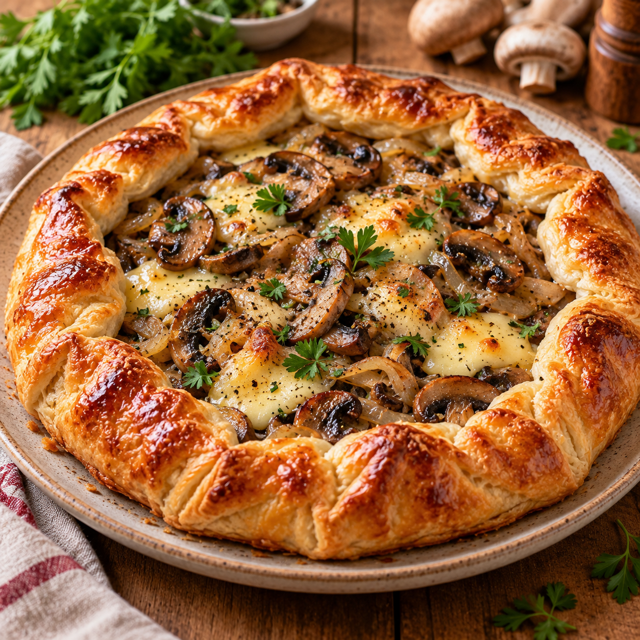Tarte rustique maison aux champignons dorés, oignons fondants et fromage à raclette fondu, sur une pâte feuilletée croustillante aux bords repliés et dorés, parsemée de persil frais.