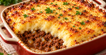Hachis parmentier maison gratiné, avec couche de bœuf haché, purée de pommes de terre crémeuse et fromage doré.