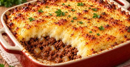 Hachis parmentier maison gratiné, avec couche de bœuf haché, purée de pommes de terre crémeuse et fromage doré.