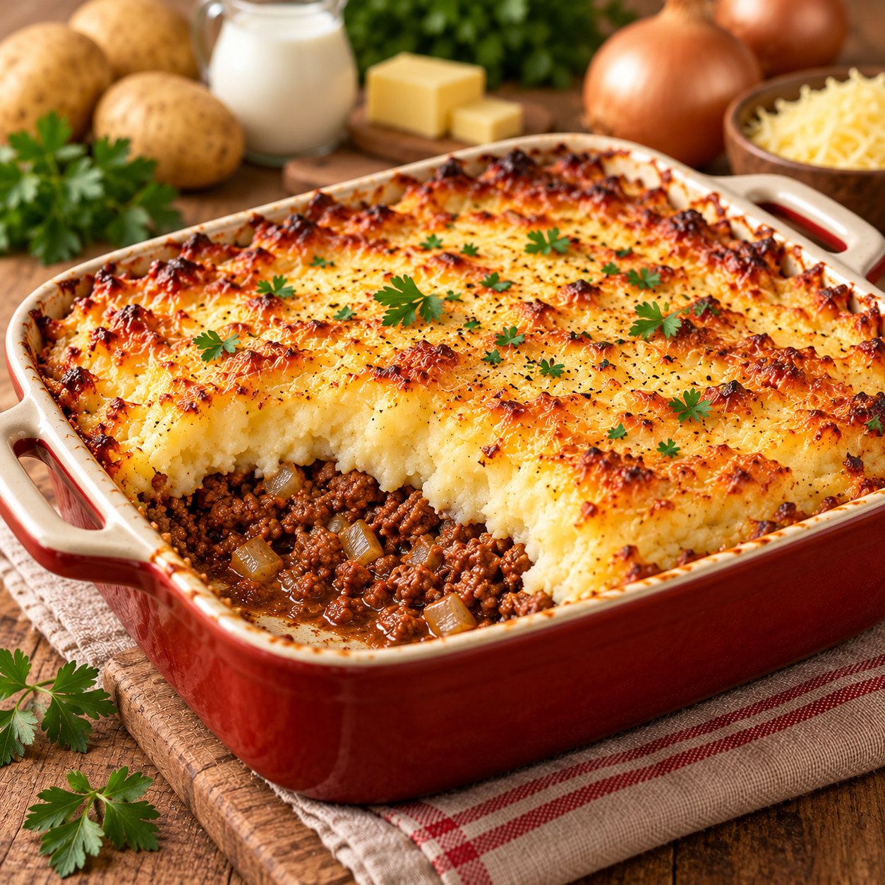 Hachis parmentier maison gratiné, avec couche de bœuf haché, purée de pommes de terre crémeuse et fromage doré.