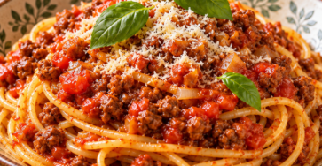 Assiette de spaghetti bolognaise avec sauce tomate au bœuf haché, parmesan râpé et feuilles de basilic frais.