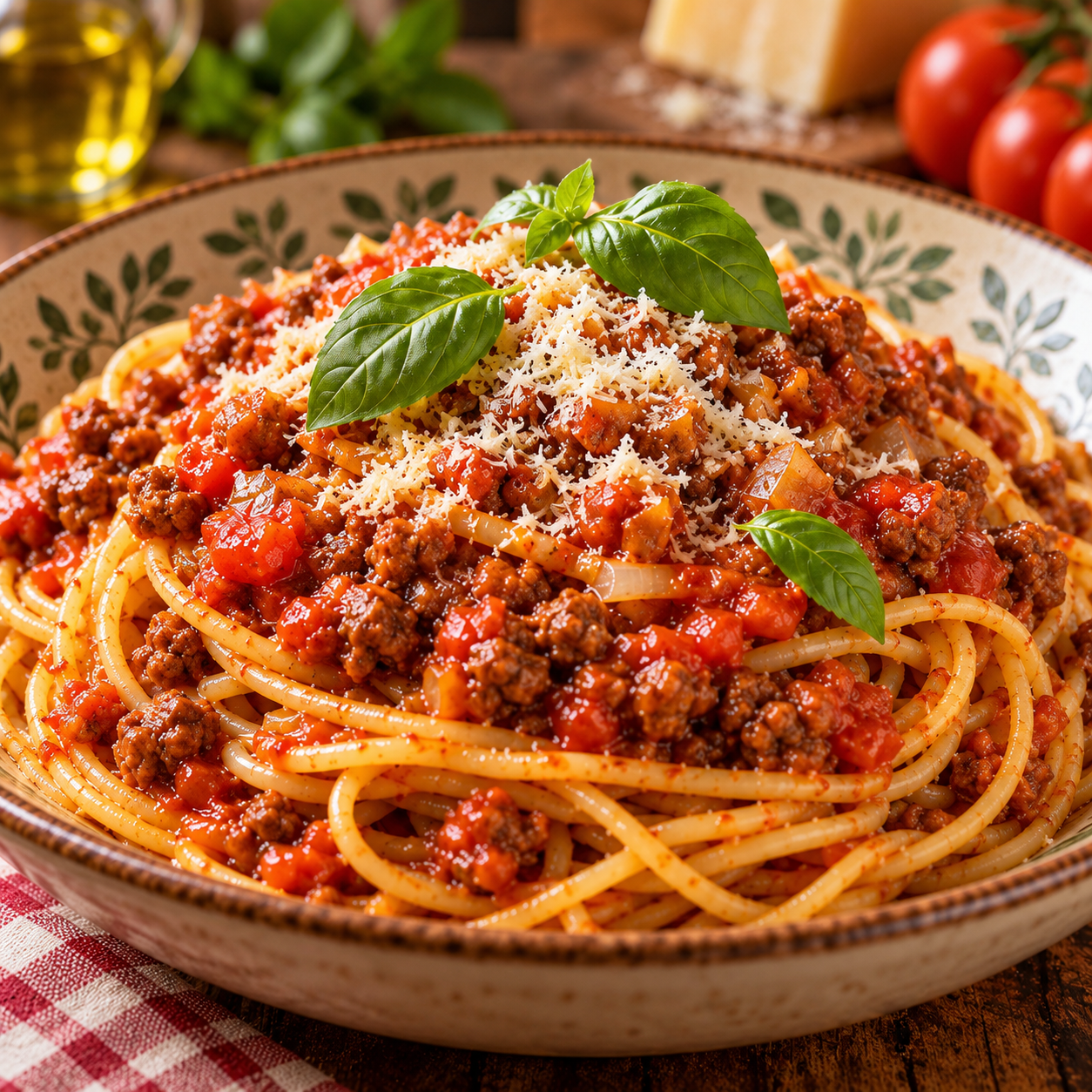 Assiette de spaghetti bolognaise avec sauce tomate au bœuf haché, parmesan râpé et feuilles de basilic frais.