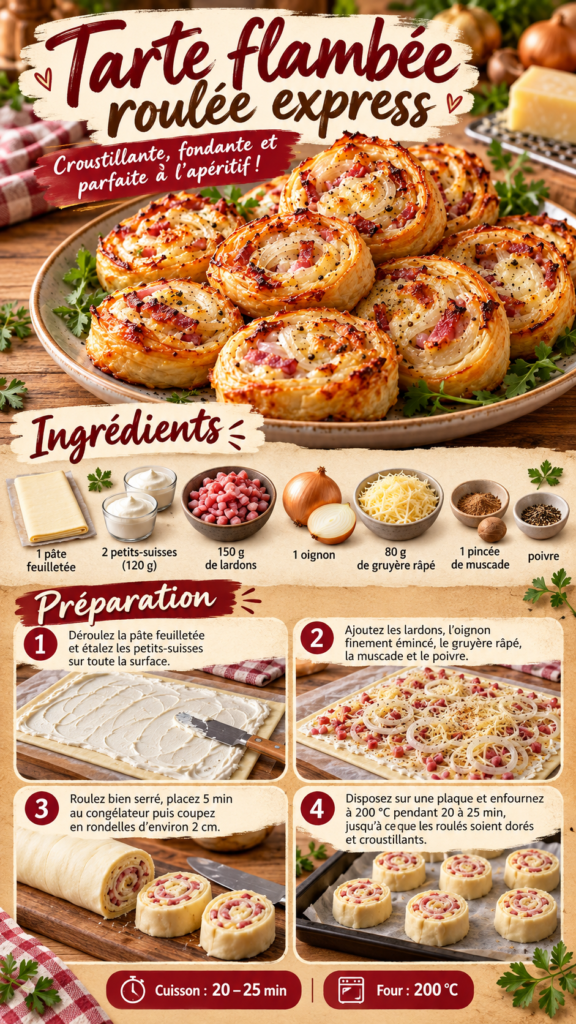 Roulés de tarte flambée en pâte feuilletée, dorés et croustillants, garnis de lardons, d’oignons émincés et de gruyère fondu, disposés sur un plateau pour l’apéritif.