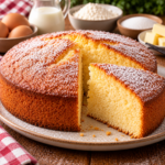 Gâteau au yaourt nature et vanillé, moelleux et doré, coupé en parts sur une assiette avec une mie légère et régulière.