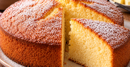 Gâteau au yaourt nature et vanillé, moelleux et doré, coupé en parts sur une assiette avec une mie légère et régulière.