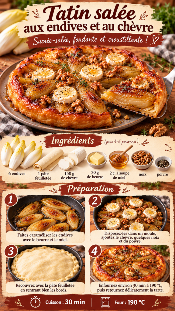 Tatin salée aux endives caramélisées, fromage de chèvre fondant, miel et noix croquantes, sur une pâte feuilletée dorée et croustillante, servie dans un plat rustique.