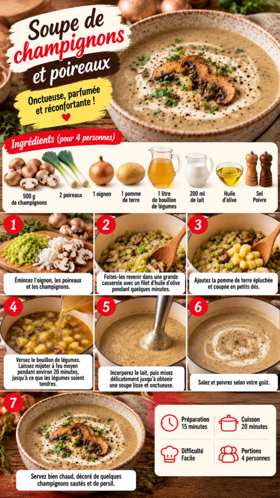 Bol de soupe crémeuse aux champignons et poireaux, lisse et onctueuse, servie bien chaude avec quelques herbes fraîches.