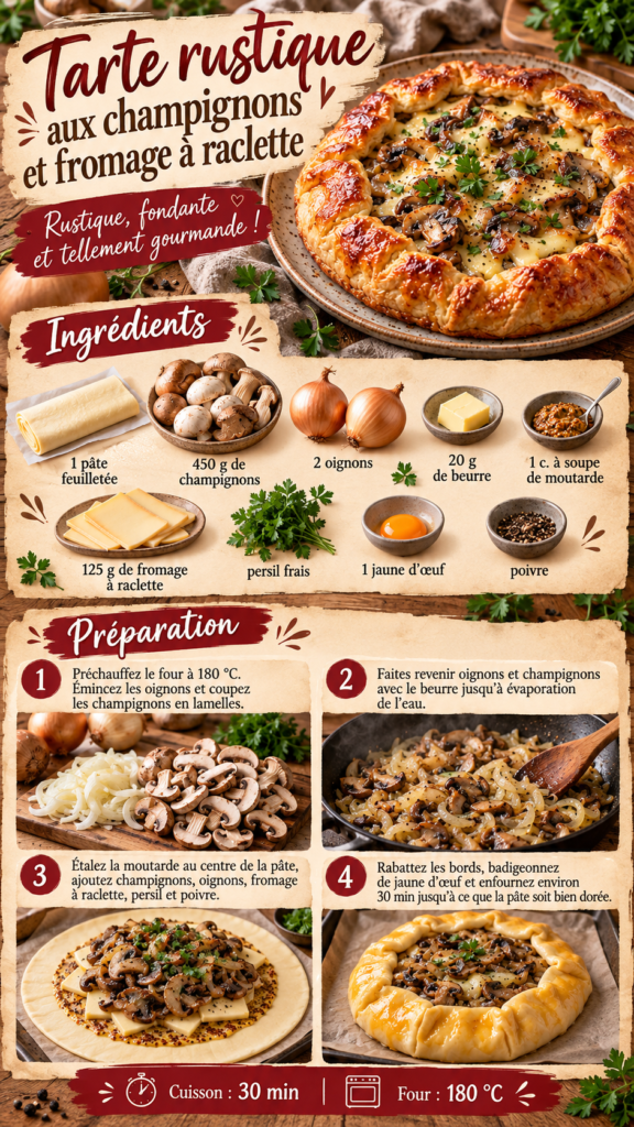 Tarte rustique maison aux champignons dorés, oignons fondants et fromage à raclette fondu, sur une pâte feuilletée croustillante aux bords repliés et dorés, parsemée de persil frais.