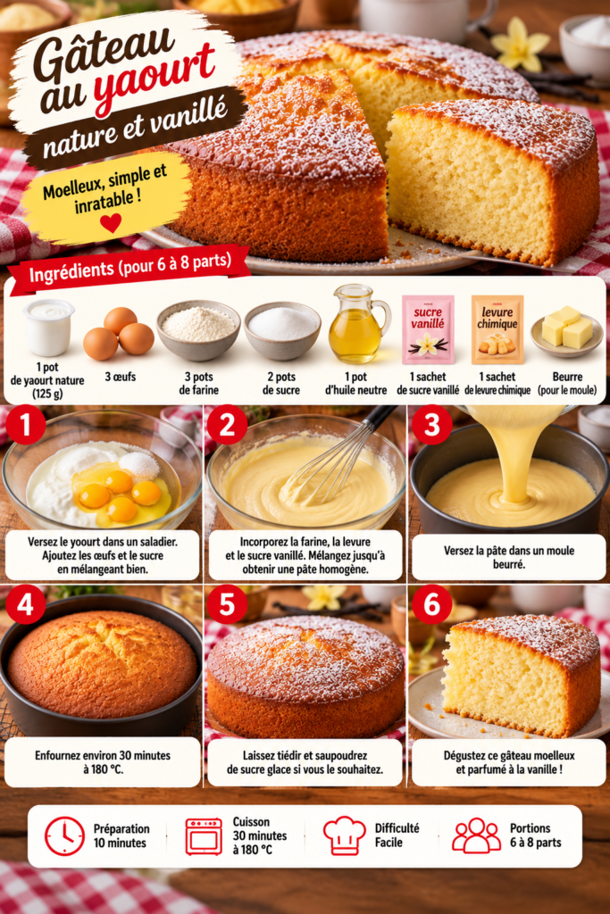 Gâteau au yaourt nature et vanillé, moelleux et doré, coupé en parts sur une assiette avec une mie légère et régulière.